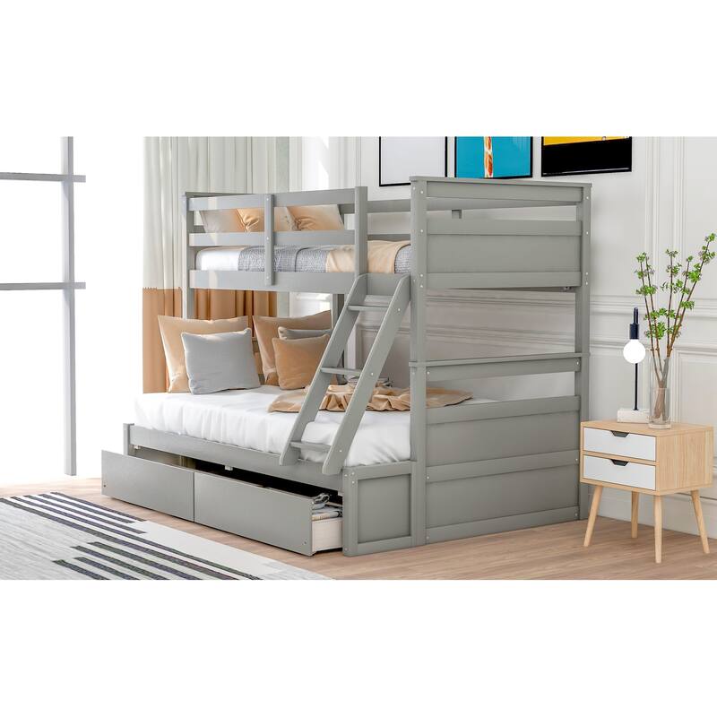 Twin over Full Bunk Bed with Storage in Gray, Space-Saving Design with Drawers