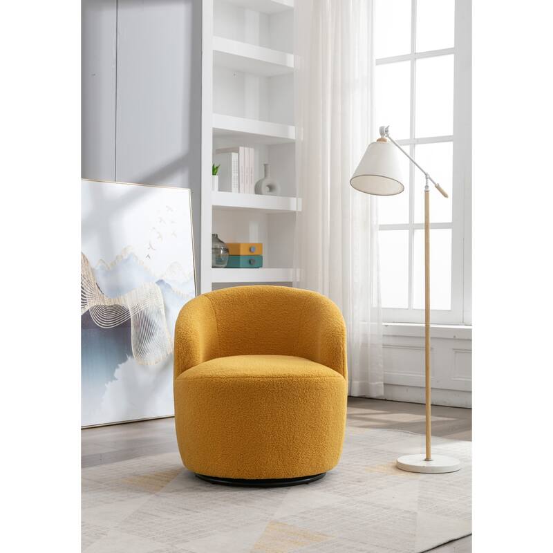 Teddy Fabric Swivel Barrel Chair, Round Upholstered Sofa Chair, Reading Leisure Chair with Curved Backrest & Metal Base