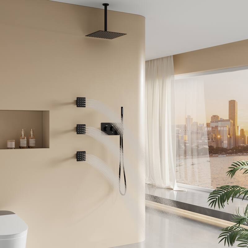 3-Function Ceiling-Mounted Shower System With 12" Ultra-Thin Square Shower Head,Body Jets And Hand Shower(Valve Included)