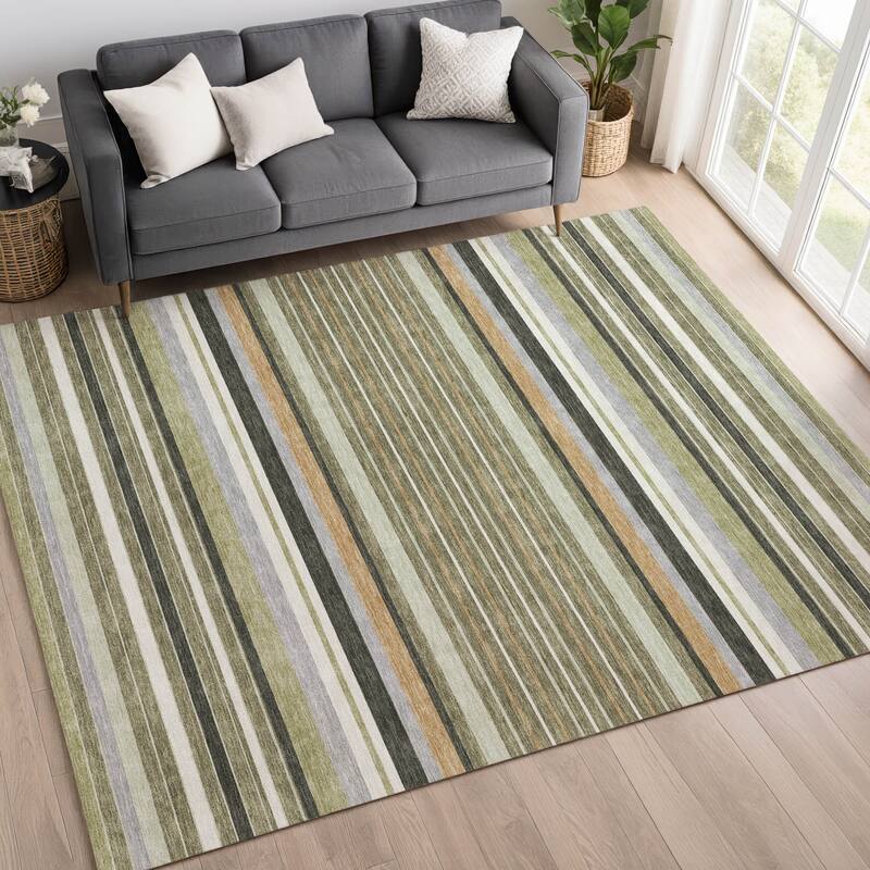 Machine Washable Indoor/ Outdoor Modern Stripes Chantille Rug