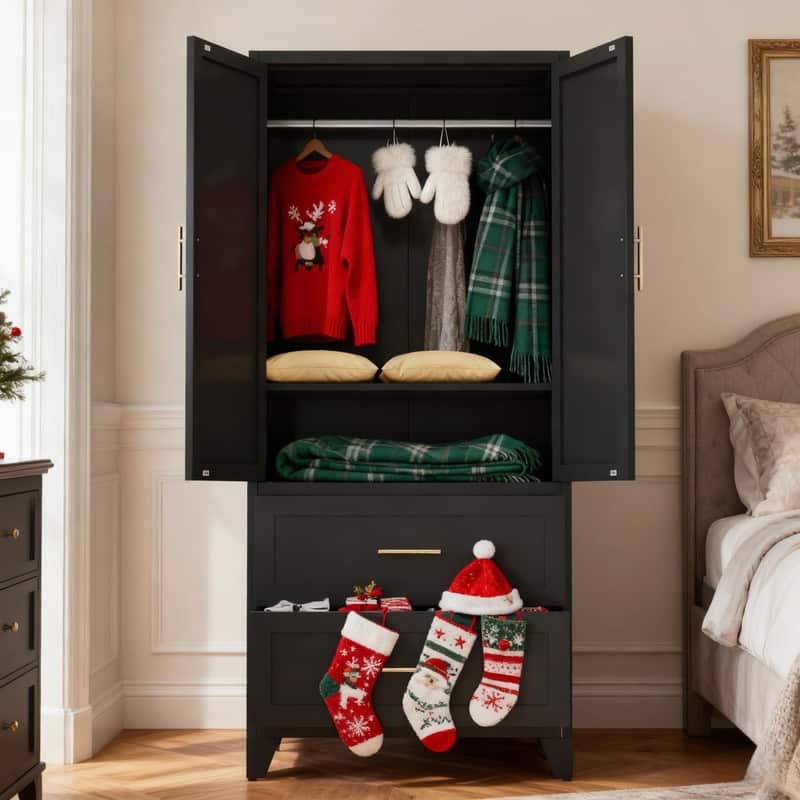 71" Tall Metal Wardrobe Cabinet with 2 Drawers, Hanging Rod, and 2 Doors, Wardrobe Closet with Shelf