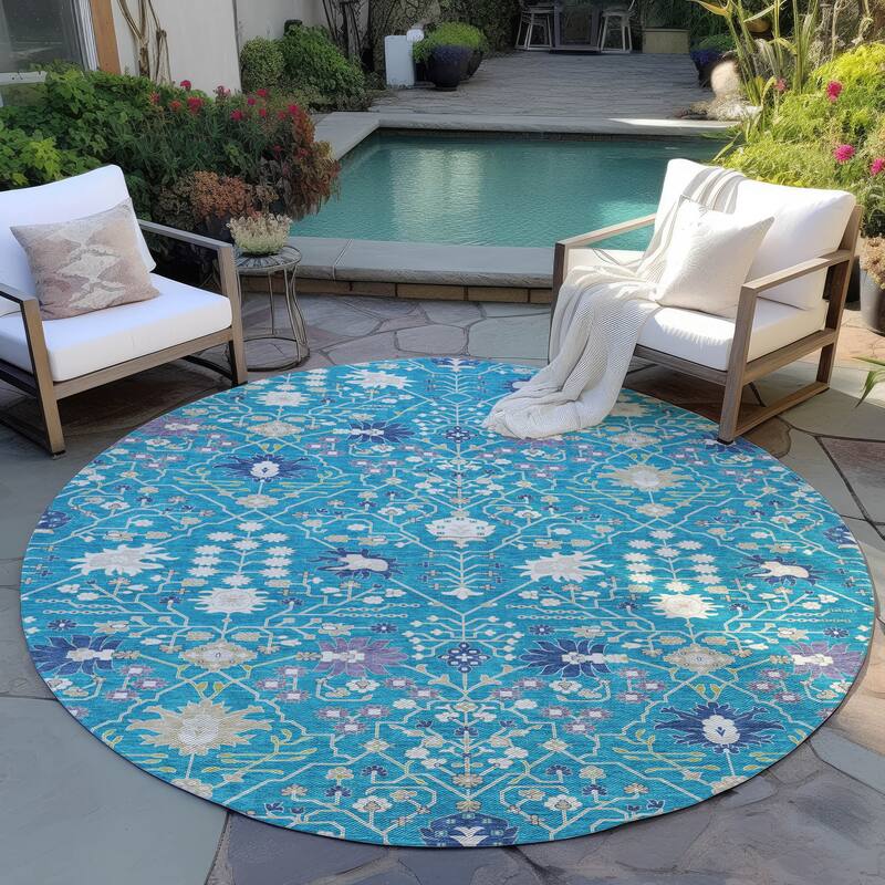 Machine Washable Indoor/ Outdoor Global Traditional Chantille Rug - Teal - 8' x 8'