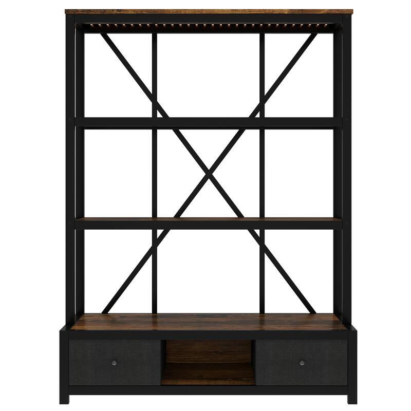3-Shelf Metal Bookcase with Drawers for Home Office, Open Bookcase, Vintage Industrial Style Bookcase with LED