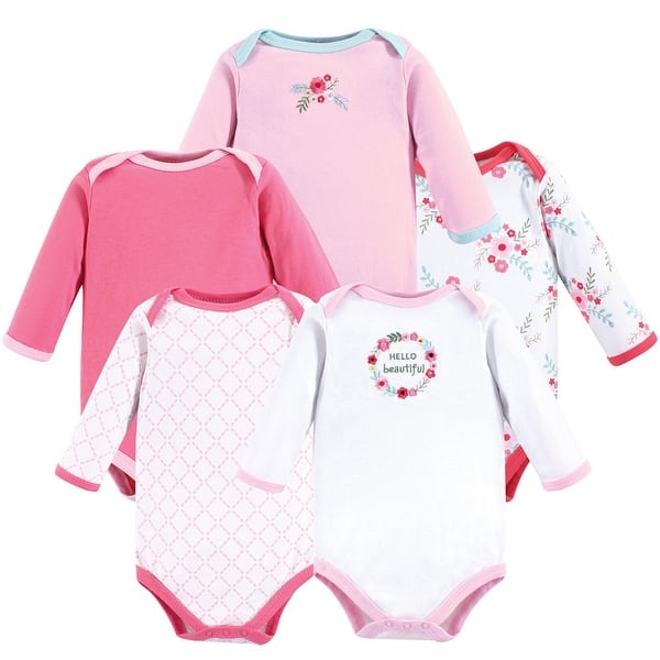 slide 1 of 1, Luvable Friends Baby Girl Cotton Long-Sleeve Bodysuits 5pk, Floral 0-3 Months - Floral