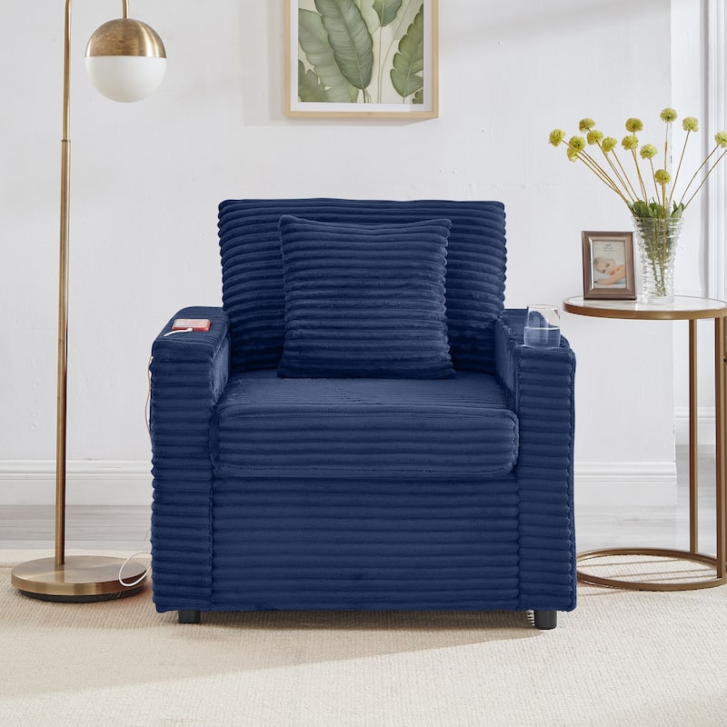 Single Lazy Sofa Chair with Storage Ottoman, Chaise Lounge with USB Charging, Recliner Sofa Chair with Cup Holder - Blue