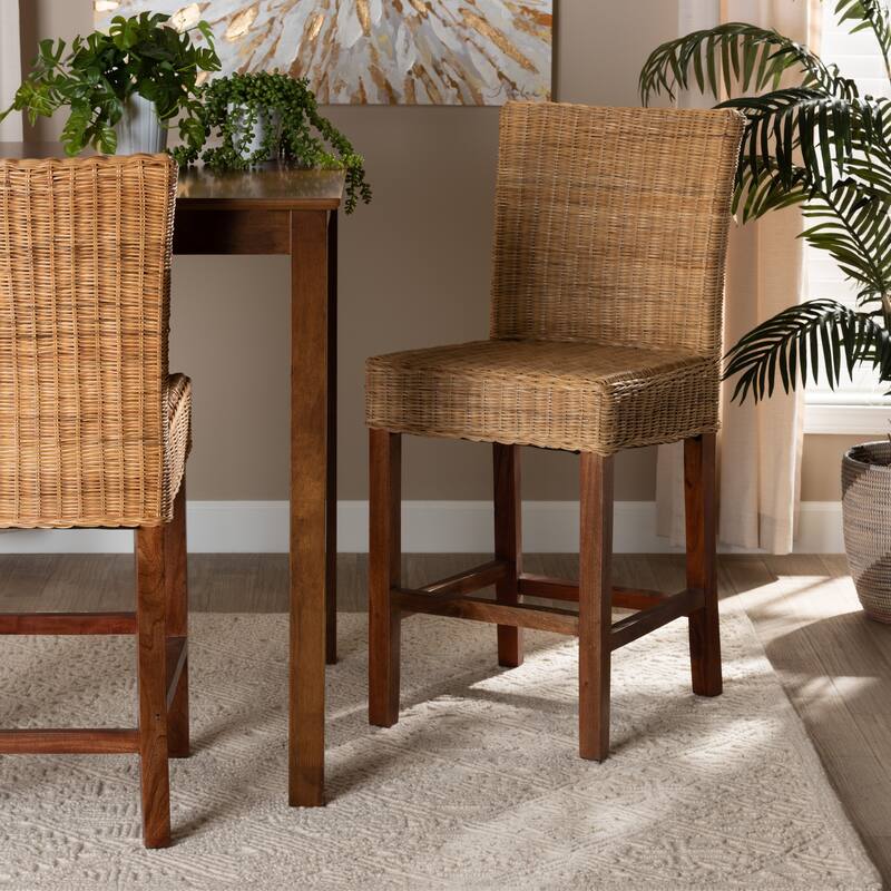 Racquel Modern Bohemian Natural Rattan and Mahogany Wood Counter Stool