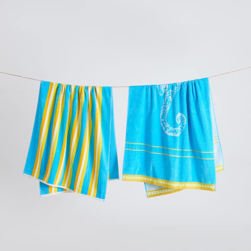 Luxurious Cotton Printed Beach Towel - 2 Pack- 30" x 60" - Seahorse Blue / Yellow