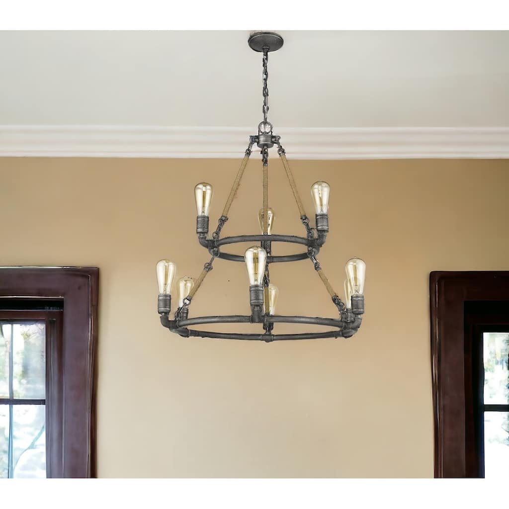 HomeRoots Brown and Black Nine Light Metal Dimmable Chandelier - 28.25' X '30' X '28.25