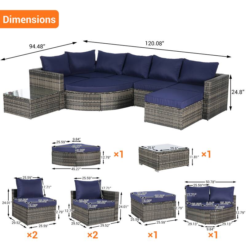 8-Piece Outdoor Patio Rattan Modular Sectional Sofa Set with Tempered Glass Coffee Table