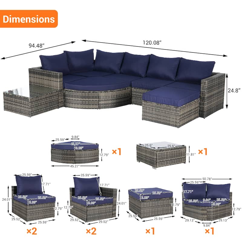 8 Piece Outdoor Patio Sofa Set, L- Shaped Wicker Patio Conversation Set with Curved Ottoman and Removable Cushion
