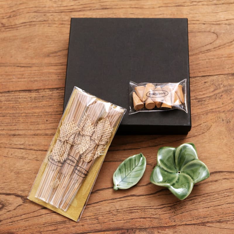Novica Handmade Scented Frangipani Ceramic Incense Set