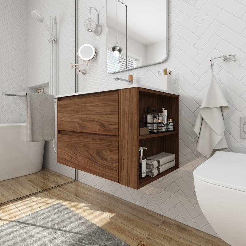 30" Wall-Mounted Bathroom Vanity with Gel Basin, Soft-Close 2/3 Extended Drawers, Adjustable Side Rack