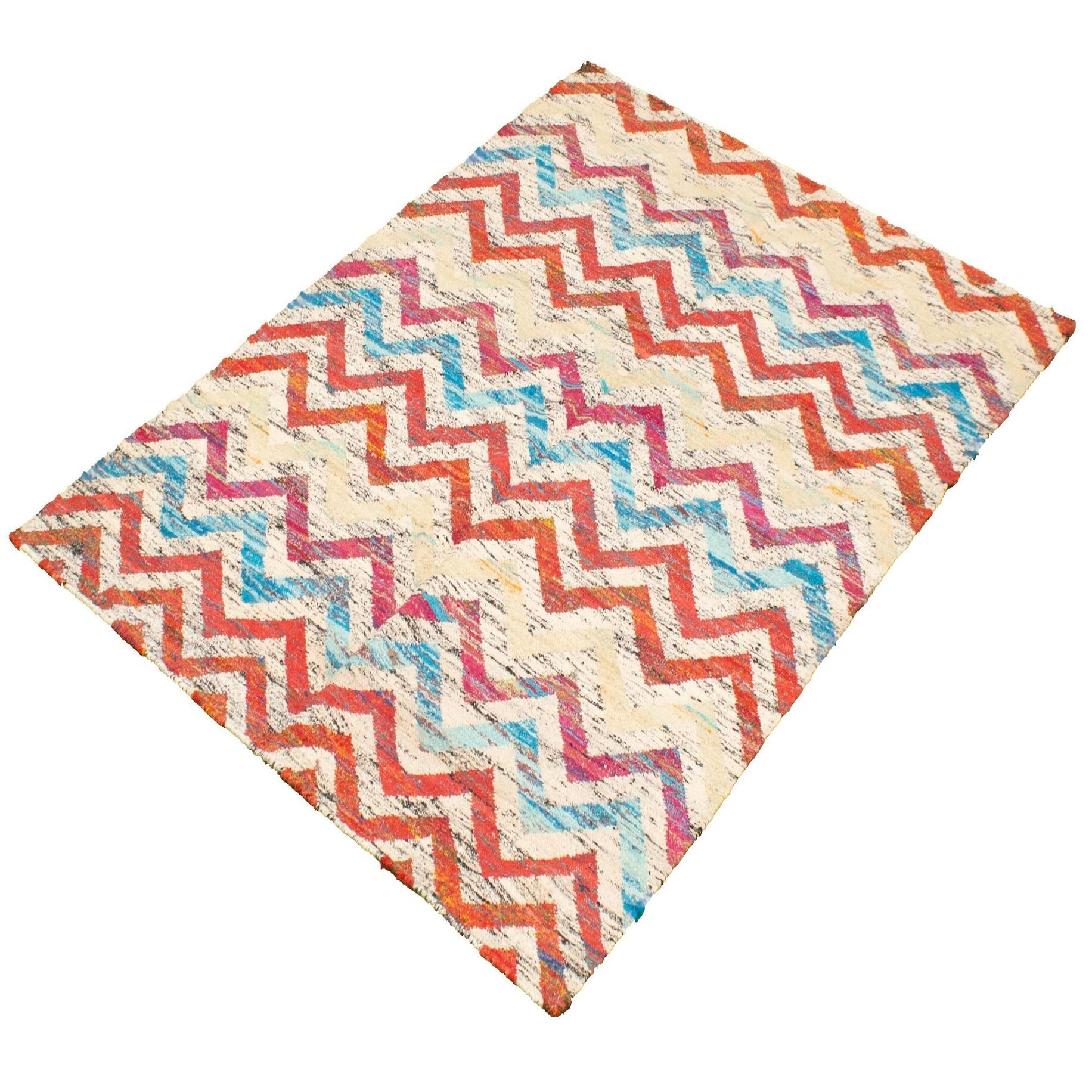 ECARPETGALLERY Flatweave Sari Silk Ivory, Red Silk Kilim 5'3 x 7'4