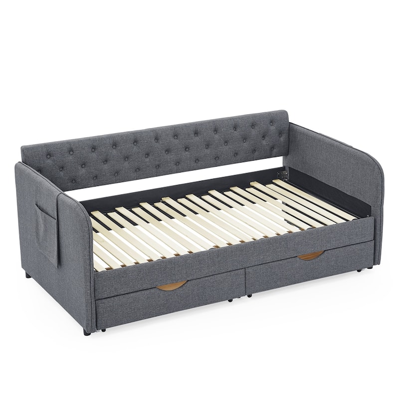 Twin Size Linen Upholstery Daybed with Trundle and 2 Drawers