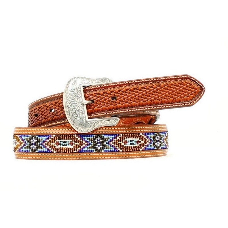 Nocona Western Belt Mens Leather Southwest Beaded Brown Blue