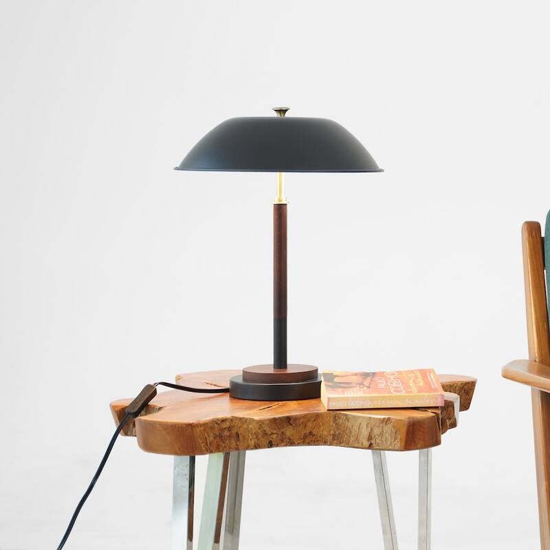 Kiara Mid-Century Modern Dome Table Lamp with Wooden Base - Black