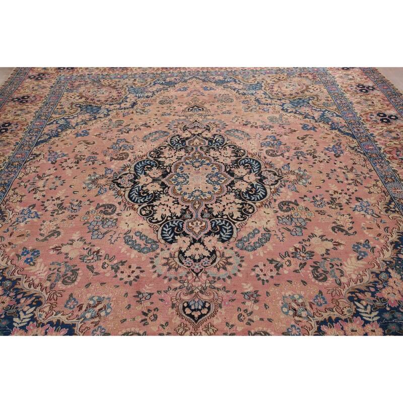 Vegetable Dye Pink Yazd Vintage Persian Area Rug Handmade Wool Carpet - 9'7" x 12'5"