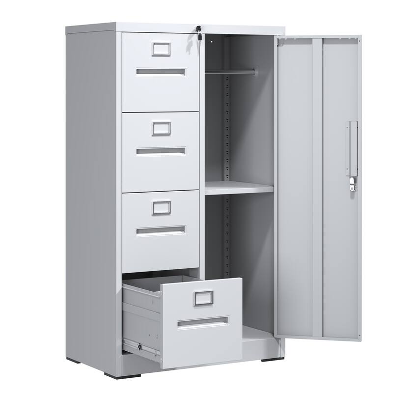 Metal Vertical Filing Cabinet with Wardrobe, Lockable Steel Office File Storage Cabinet with 4 Drawers and 1 Door