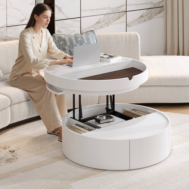 Small Lift-Top Round Coffee Table, Dual-Tone Table with Faux Marble & Wood Grain Top, Compact Center Table with Hidden Storage