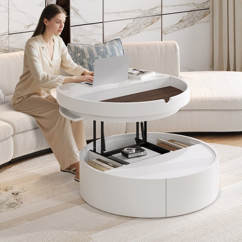 White Round Lift Coffee Table with 1 Drawer