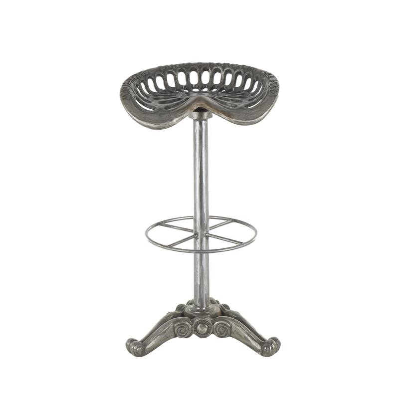 Silver Metal Weathered Antique Cast Iron Scroll Bar Stool with Cutout Textured Seat and Footrest - 17"W x 17"L x 31"H