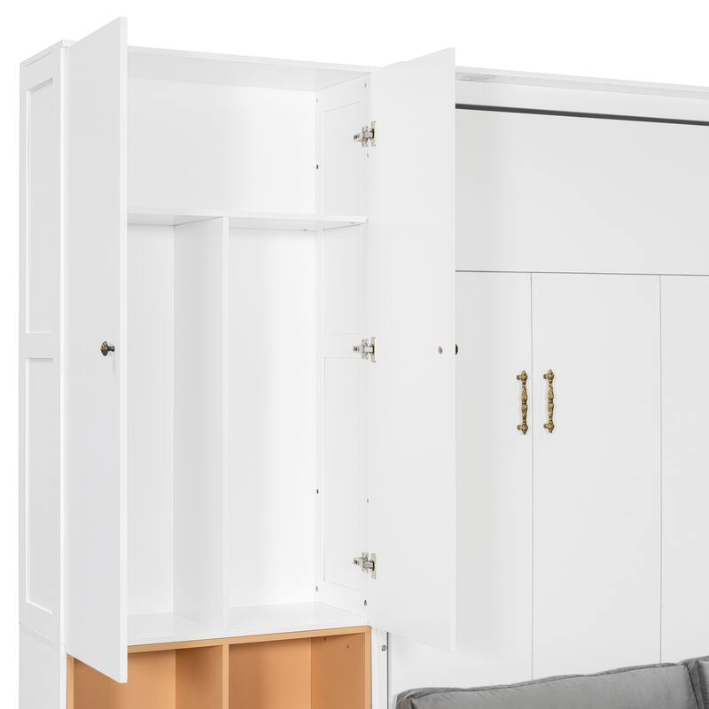 Modern Queen Murphy Bed with Sofa & Storage Shelves, Space-Saving Wall Bed with Integrated LED Lights