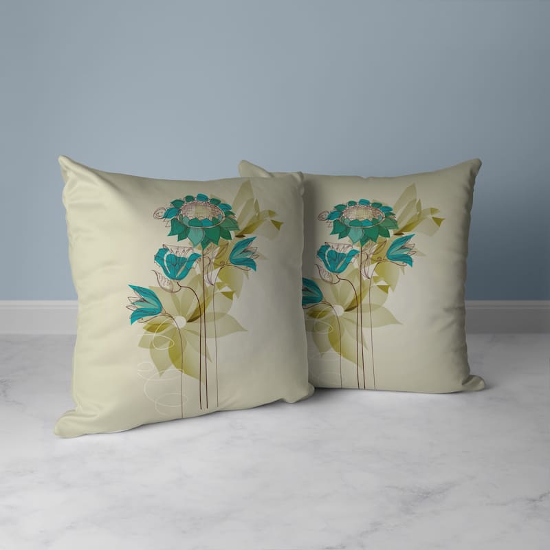 Flowers Line Art Faux Suede Reversible Throw Pillow Green and Blue