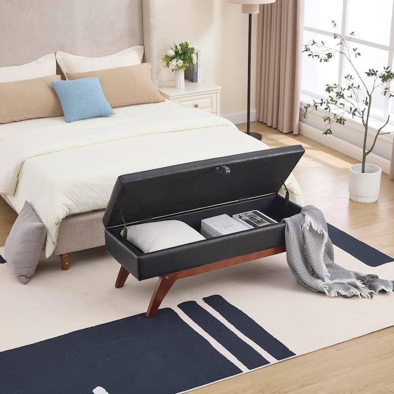 Teddy Fabric Storage Ottoman Bench with Solid Wood Feet - Plush Upholstered Footrest for Bedroom or Living Room