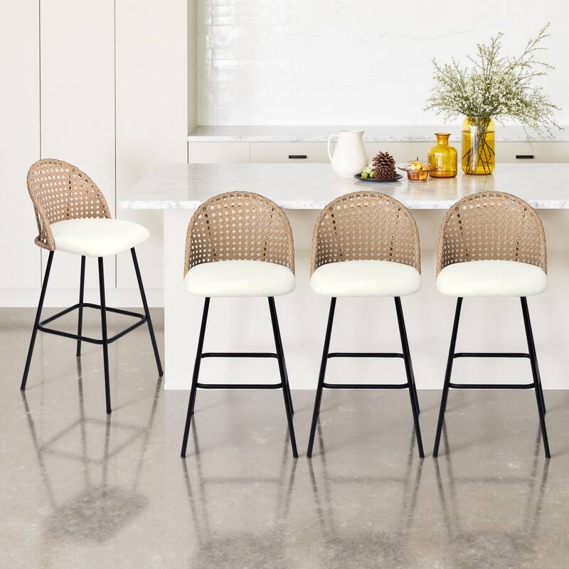 29" Upholstered Swivel Bar Stools with Rattan Back - Set of 4 - Beige