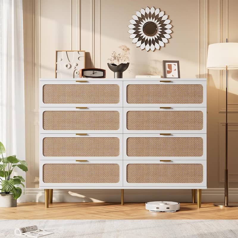Rattan 8 Drawer Dressers TV Stand for Bedroom Living Room - White