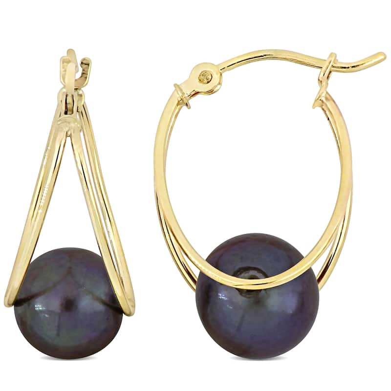Miadora 8-8.5mm Cultured Freshwater Black Pearl Drop Hoop Earrings in 10k Yellow Gold