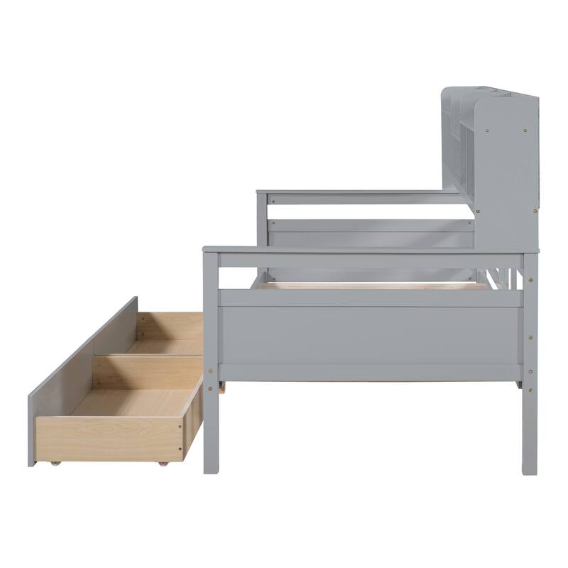 Twin/Full Size Daybed, Solid Wood Platform Sofa Bed Frame with Built In Bookshelves and Two Drawers