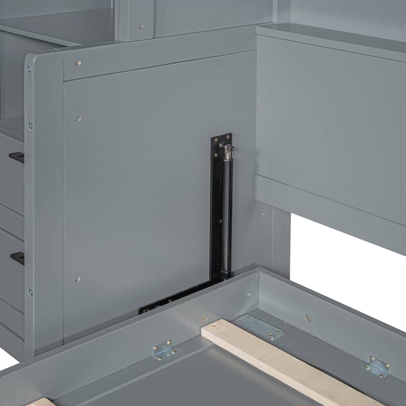 Full/Queen Size Horizontal Murphy Bed with Integrated Storage, Wood Wall Murphy Bed Frame with Closet, Drawers and Shelves