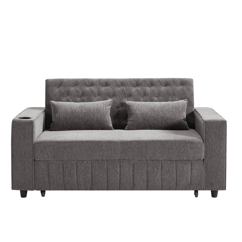 61.41" Chenille Convertible Sofa Bed with Adjustable Backrest, USB & Cup Holders