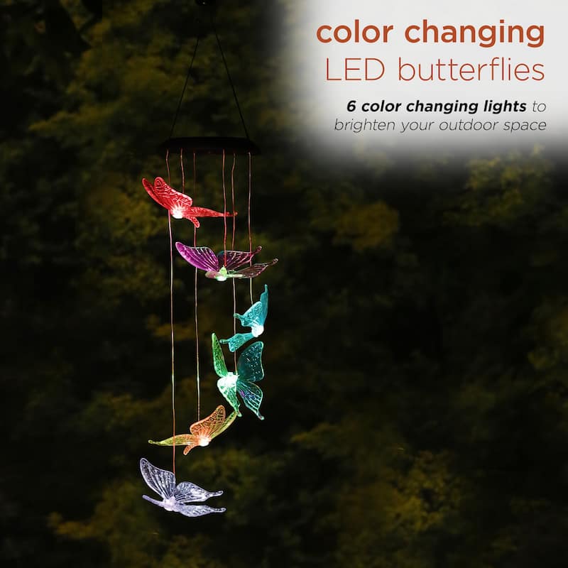 Alpine Corporation 27" Tall Outdoor Solar Powered Wind Mobile with Color Changing LED Butterfly Lights