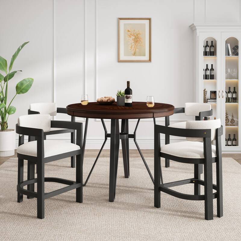 Netia 5-Piece Counter-Height Bar Set with Boucle Upholstered Chairs and Metal Table Base by Christopher Knight Home - Beige+Black+Brown