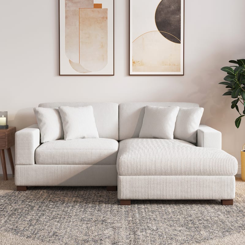 Modern L-Shaped Corduroy Modular Sectional Couch Sofa with Pillows - Beige/White-L - Right Facing