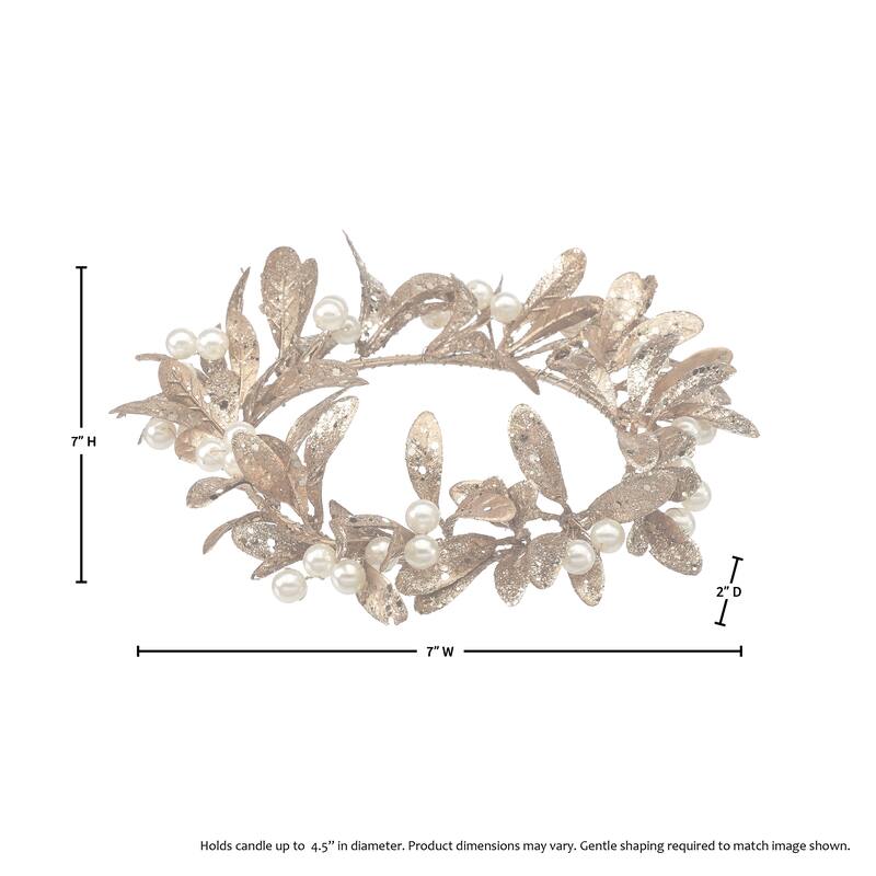 4.5" ID Gilded Leaf Candle Ring With Pearls Set of 2