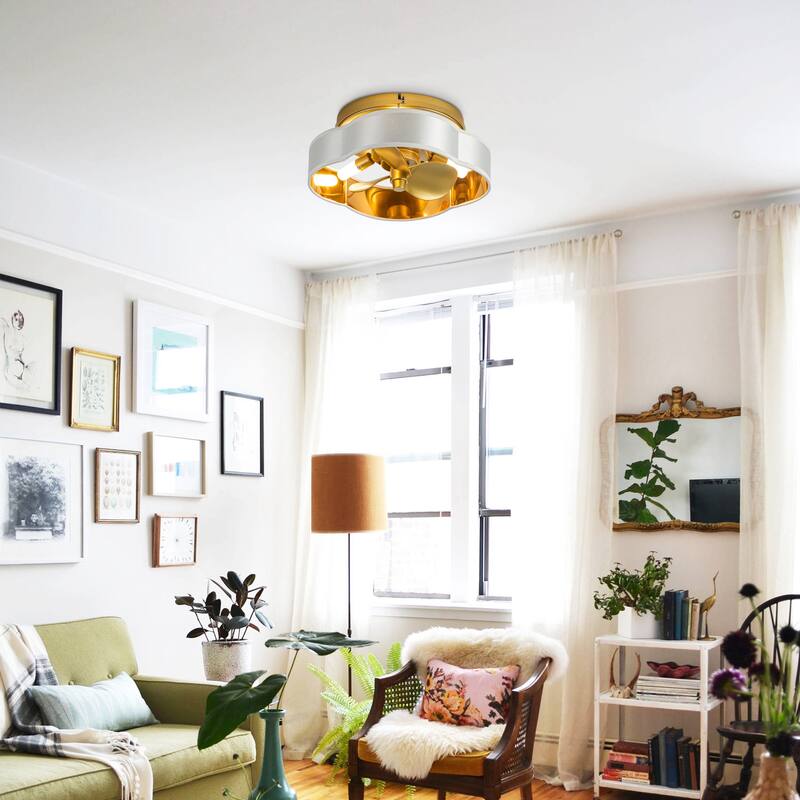 13-inch Gold Modern Caged Fandelier Flush Mount LED Ceiling Fan with Remote