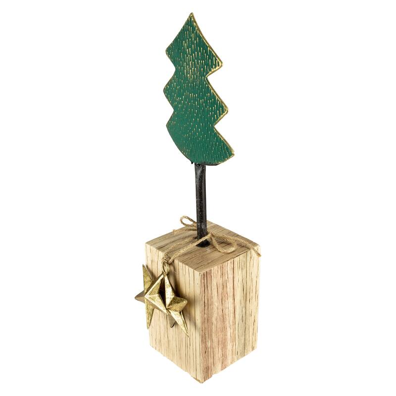 Metal Tree with Stars and Chunky Wooden Base Christmas Decoration - 16.75" - Green