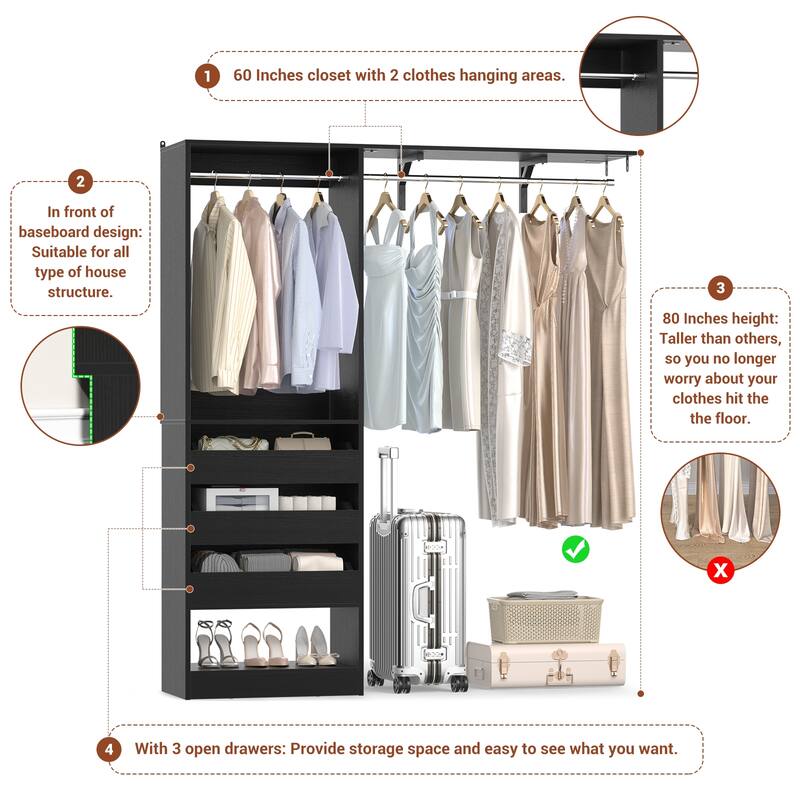 20"-60" Closet System with 3 Wooden Drawers and Sturdy Shelves and Retractable Rods