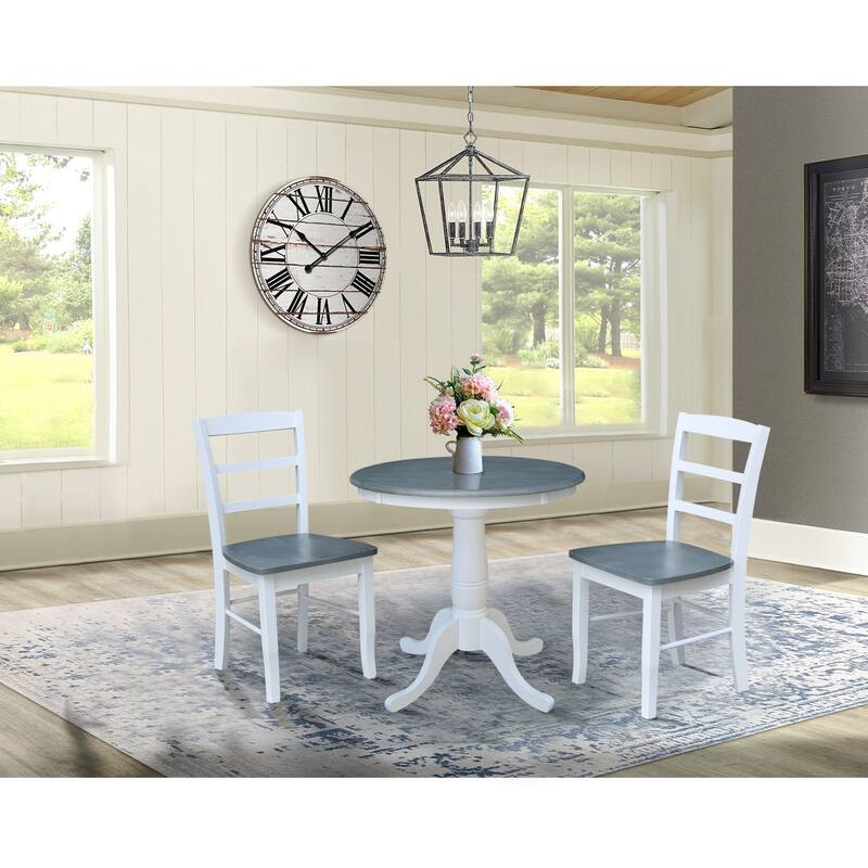 30" Round Pedestal Dining Table with 2 Madrid Ladderback Chairs - 3 Piece Dining Set - White/Heather Gray