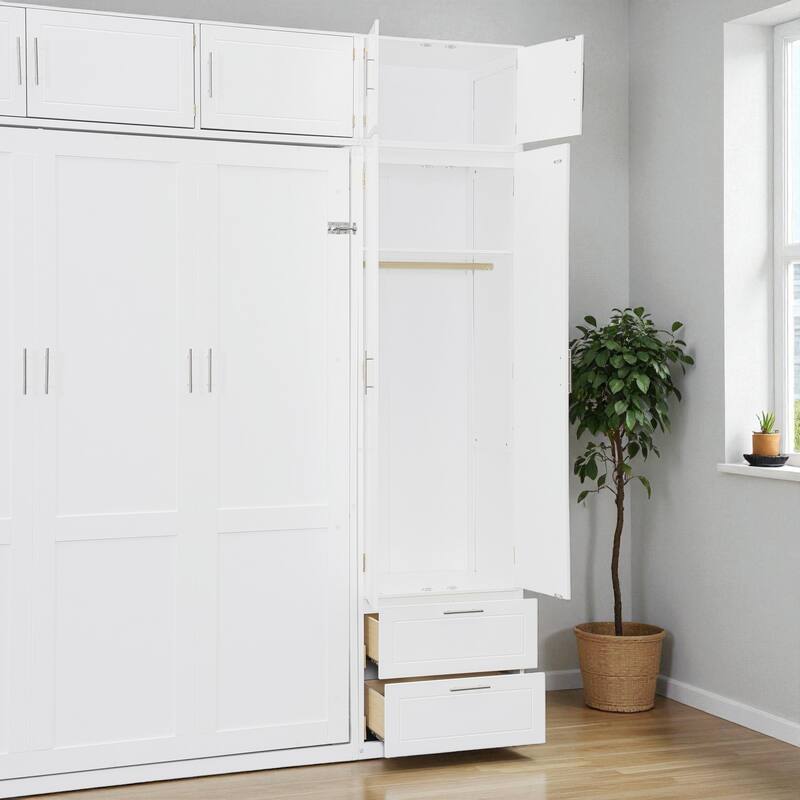 Queen Murphy Wall Bed with Top Cabinets, Shelves & Wardrobe, Space-Saving Foldable Bed with Storage