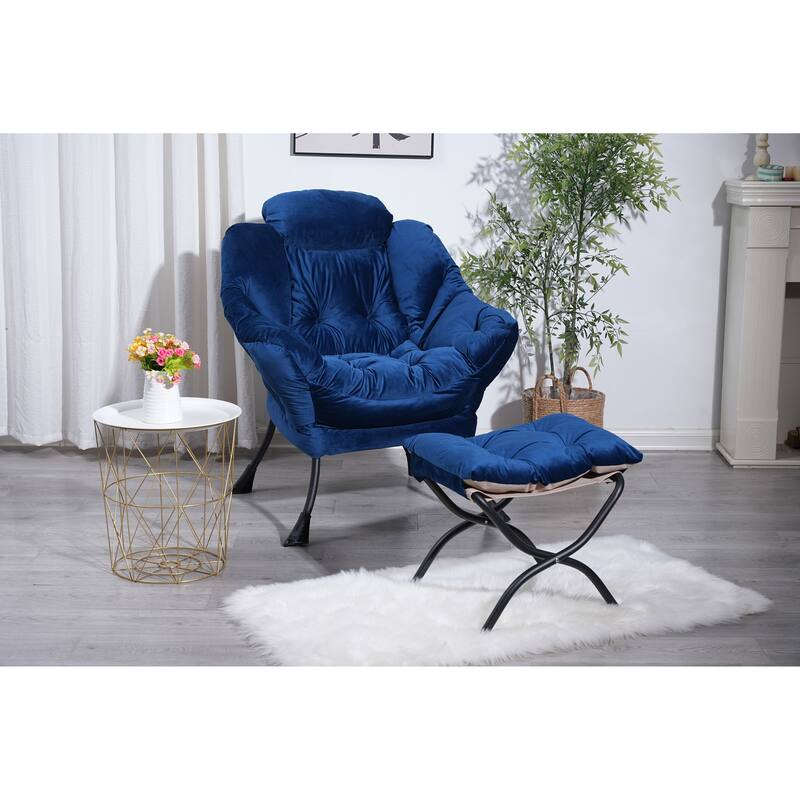 Modern Cotton Fabric Lazy Chair with Ottoman and Footrest, Blue - Multi-Color