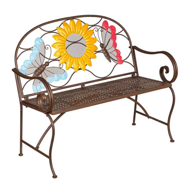 44 in. Metal Outdoor Sunflower with Butterflies Garden Bench