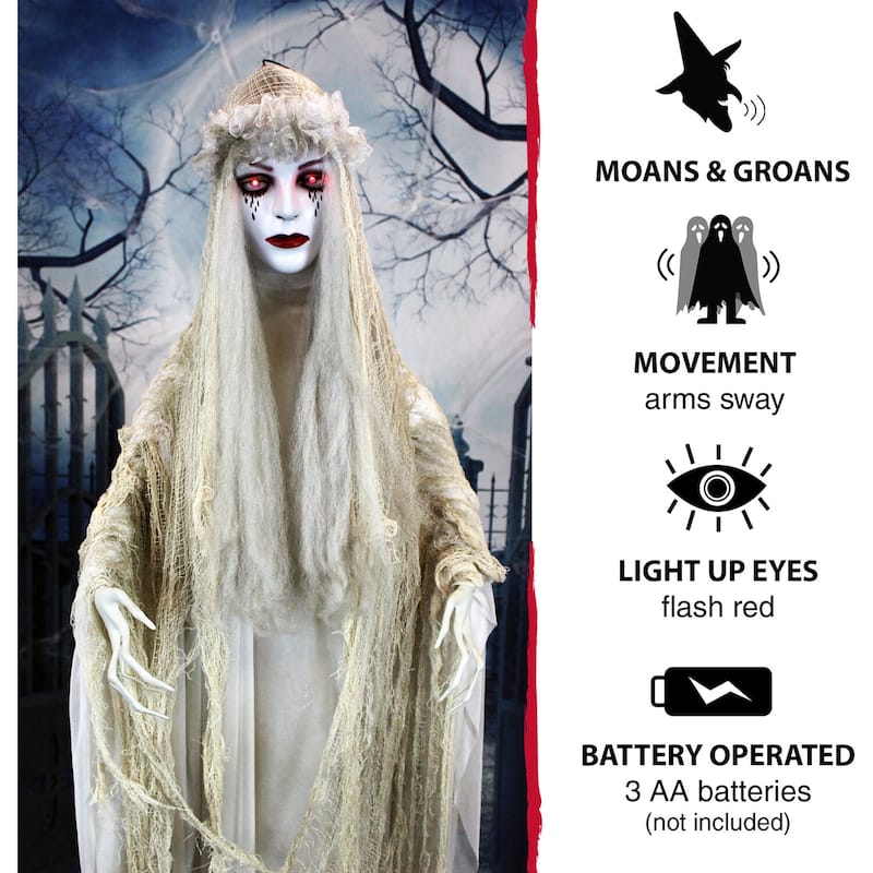 Haunted Hill Farm Life-Size Animatronic Ghost Bride with Lights and Sound, Indoor or Covered Outdoor Halloween Decoration