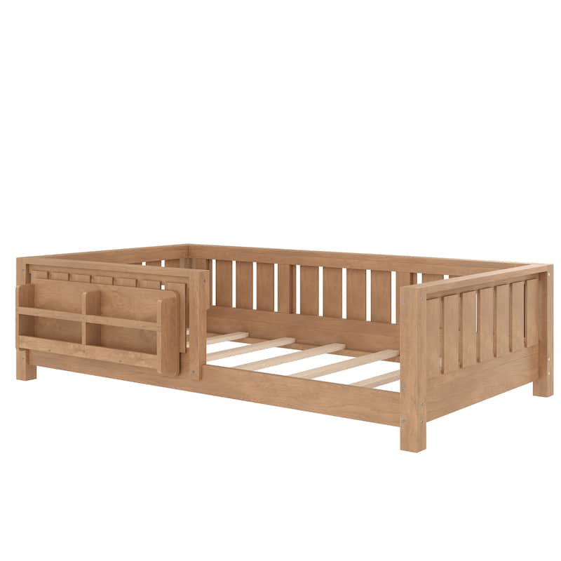 Low Profile Montessori Bed Floor Platform Bed with Fence and Bookshelf