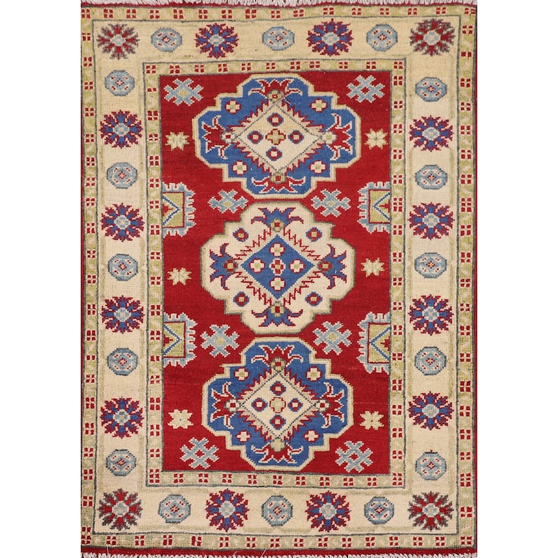 Red Geometric Kazak Oriental Accent Rug Handmade Foyer Wool Carpet - 2'8" x 3'9"