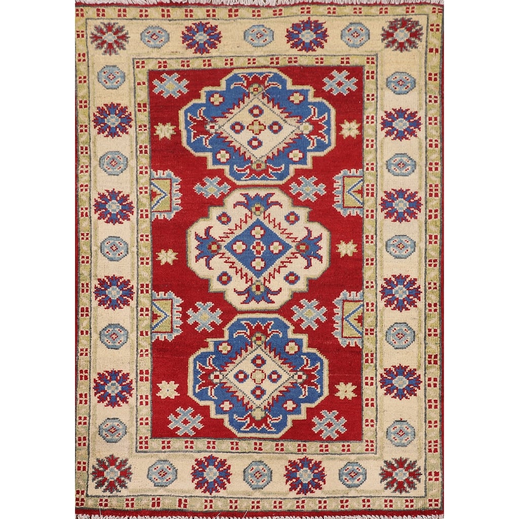 Red Geometric Kazak Oriental Accent Rug Handmade Foyer Wool Carpet - 2'8" x 3'9"
