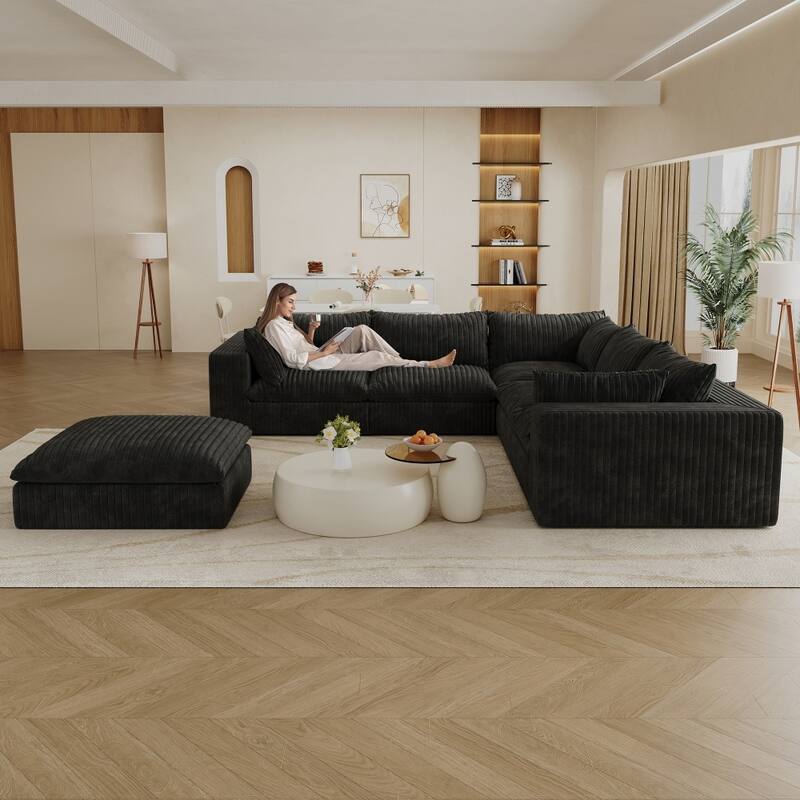 118.2" Modular L-shape Corduroy Fabric Cloud Sofa with Ottoman - Black - Left Facing